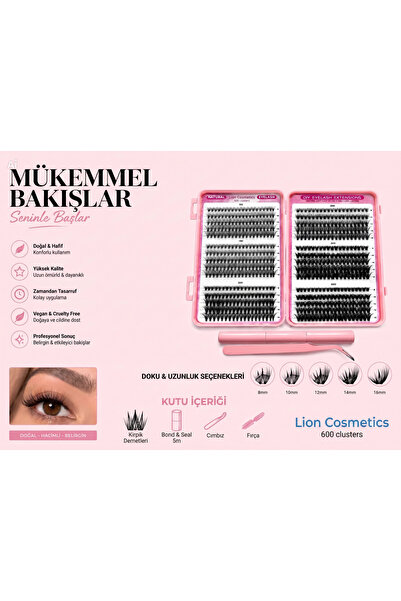 lion cosmetics 600 Adet 10D 20D 30D 40D Takma Kirpik Küme Seti Kitap Mix Cımb...