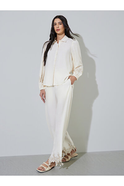 Styli Off White Embroidered Hem Straight Leg Pants