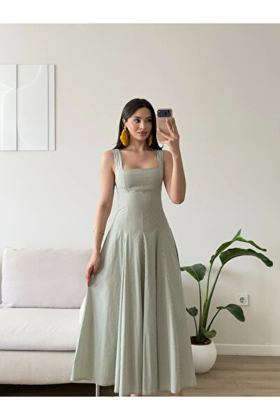 Zoom Butik Pötikareli Midi Elbise - YEŞİL