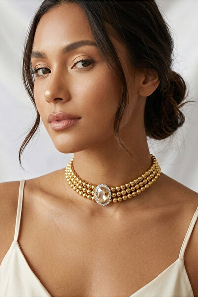 Happyline Gold Boncuklu Bal Taşlı Choker Kolye Gümüş Kaplama Tasma Choker Ova...