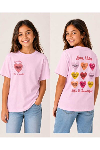 kidsense تي شيرت للفتيات مطبوع عليه Love Vibes Stoneed Heart وتفاصيل مطبوعة ع...
