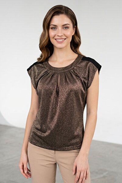 Maya Butik Gold Bant Yaka Işıltılı Japone Kol Bluz - 21937