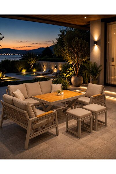 Rovena GARDEN Balkon Takımı, Cappuccino Bahçe Takımı 5+1 (Masa 70x110 3lü Kol...