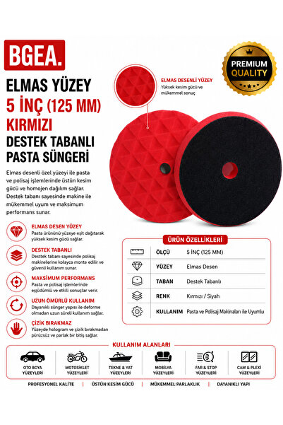 Elmas Yüzey 5 inç 125 mm Kırmızı Destek Tabanlı Pasta Süngeri
