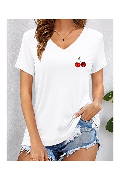 WOODROFFE Tricou de damă cu decolteu în V, cu imprimeu Minimal Cherry, oversi...
