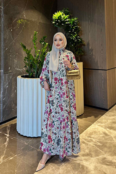 İmajButik فستان من الفيسكون بتصميم كريمي فوشيا بأكمام نصفية وأزرار وحزام مطاطي