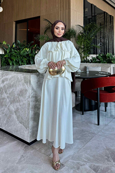 İmajButik Ecru Collar Tie-Down Layered Skirt Set
