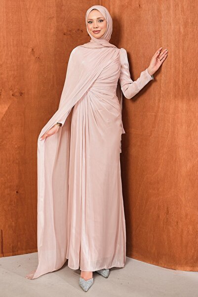 İmajButik Powder-Colored Front-Tie Evening Dress
