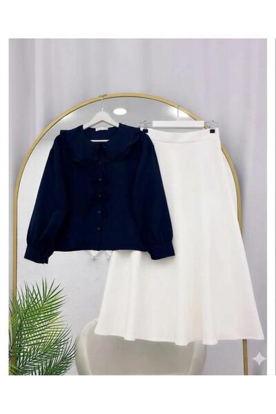 EC MODA Shawl Collar Shirt with Bow Detail Skirt Set