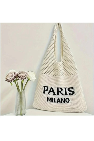 MODA Beige Colored Par.Is Mil.Ano Lettered Knit Detail Mesh Shoulder Bag