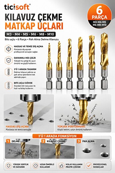 Ticisoft 6 Parça Kılavuz Çekme Matkap Ucu Seti M3-M10 HSS Titanyum Kaplama 1/...