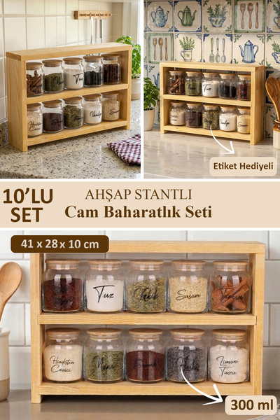 dnshome 3 Katlı Ahşap Organizer 10'lu Cam Baharatlık Seti Bambu Vakum Kapaklı...