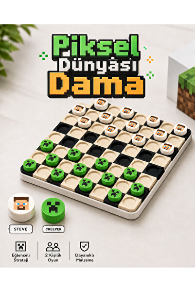 GiginGo Piksel Dünyası Dama Seti - Minecraft Temalı Dama Oyunu - Kutulu Minec...