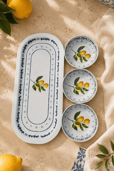 Sarkap Home 3'lü 10x3,2 cm Çerezlik ve 16x35 cm Sunumluk Tepsi Seti - Lemon D...