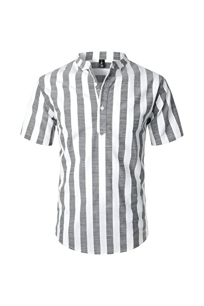 OEM Cămașă bărbătească Henley casual în dungi, din bumbac, mânecă scurtă, gri...