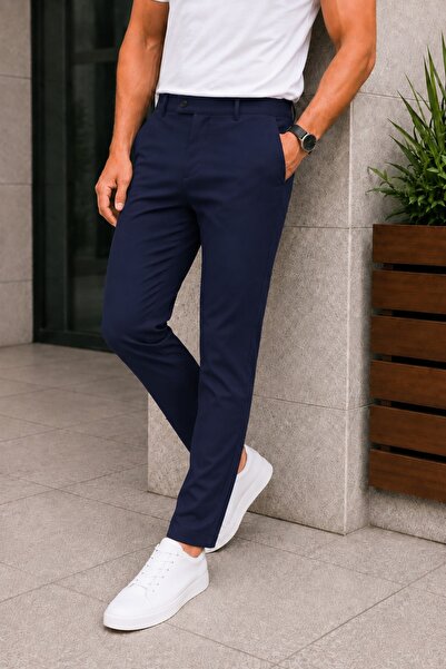 MODAMESTO Men's Navy Slim Fit Stretch Fabric Side Pocket Ankle-Length Plain F...