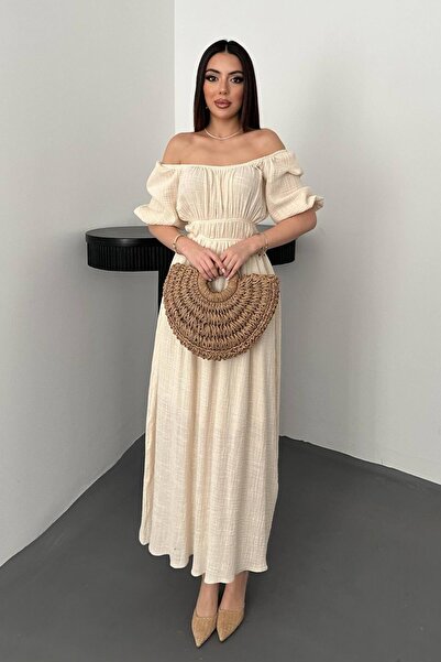 Generic Brand Beige Collar Gathered Muslin Linen Dress