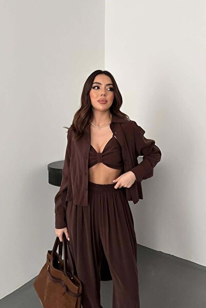 Caddebostan Moda Gipe Detailed Bustier Shirt and Trousers Triple Combination Set