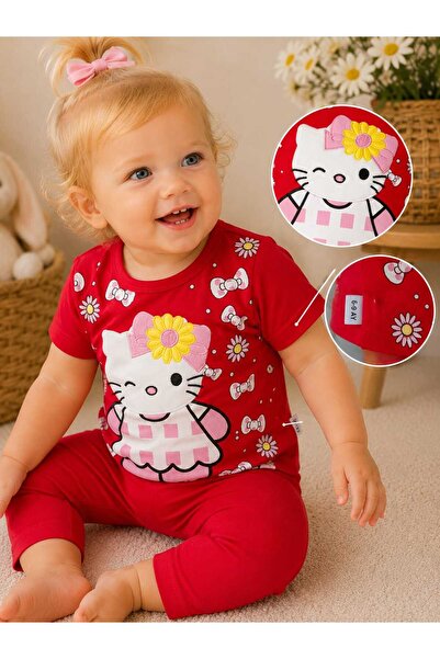 krm kerem bebe Hello Kitty Daisy Dream Nakış İşlemeli 3D Aplikeli Taytlı Yazlık Kız Bebek Takım