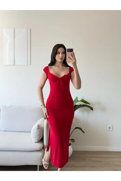 Zoom Butik Kayık Yaka Dantel Detay Elbise - KIRMIZI
