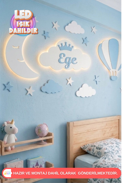 UmayBabyDekor 3 ‘lü Set Balon Bulut Ay Kişiye Özel Çocuk Duvar dekorasyonu Le...