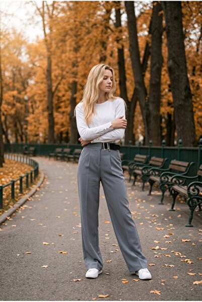 hies Women's Gray Double Palazzo Pants, Wrinkle-Resistant Fabric, Half Belt D...