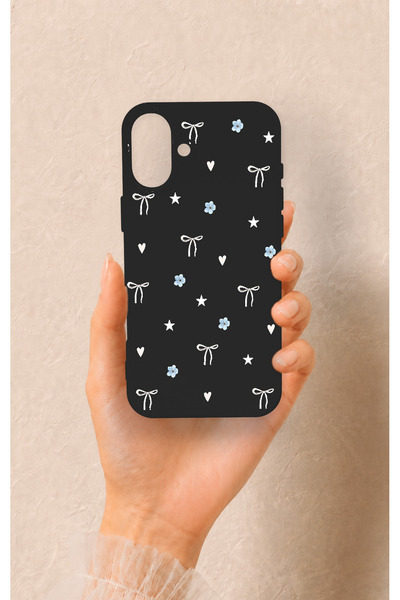 Vip Case iPhone 16 Plus Uyumlu Mini Fiyonk Siyah Desenli Silikon Kılıf