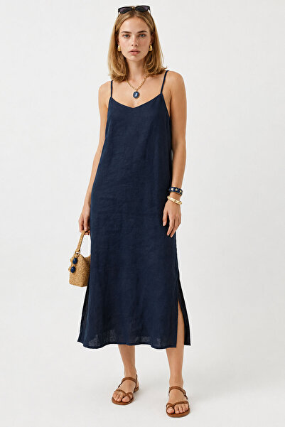 VENA Women's Rope Strap Maxi Length 100% Linen Dress - Navy Blue