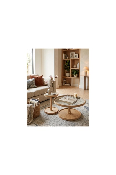 Vivense COSMOS İKİLİ ORTA SEHPA, MEŞE BRONZ CAM