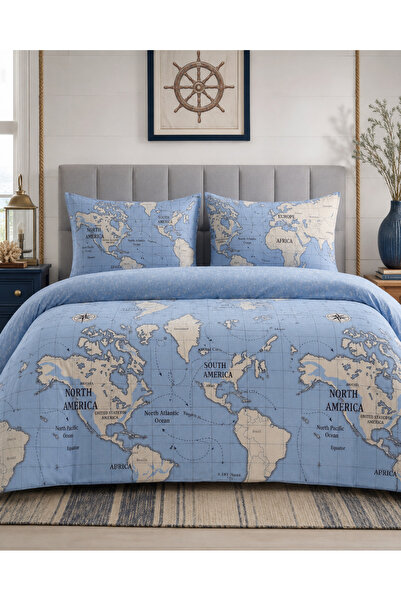 Newsevinç Ev Tekstili Map Patterned Double 200 X 240 Duvet Cover Set with Ela...