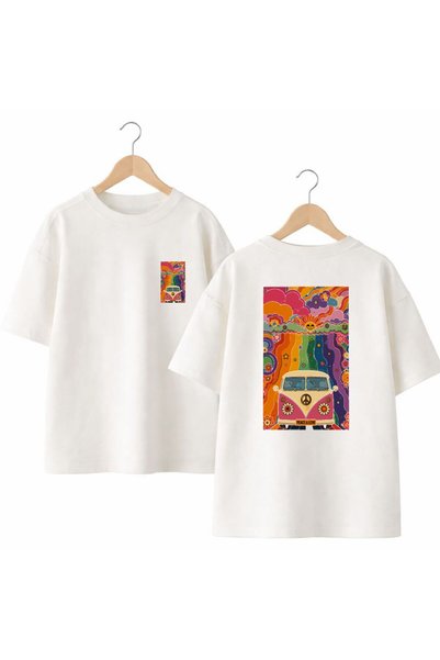 playwear Rainbow Vosvos Back and Front Chest Printed 100% Cotton Oversize Loo...