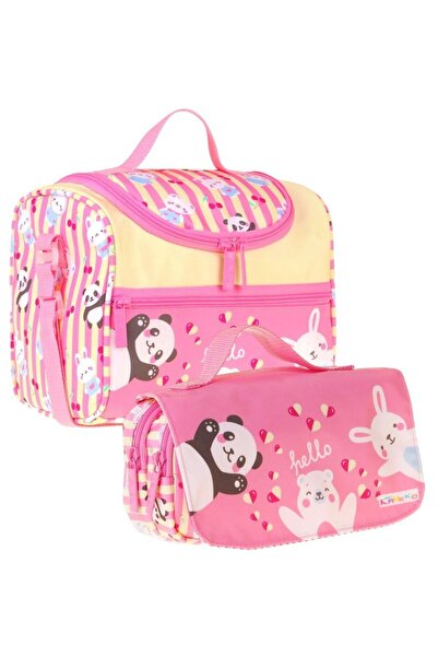 KAUKKO Kids Girl's Hello Printed Yellow - Pink Thermo Lunch Box and Pen Holde...