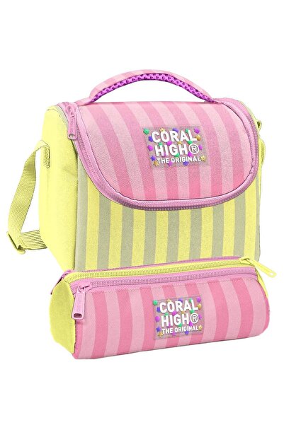 Coral High مجموعة صندوق الغداء وحامل القلم بثلاثة أقسام - مزينة بخطوط صفراء و...