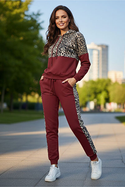 TOFİSA Leoparlı Kapüşonlu İkili Takım Bordo - 2074-BORDO