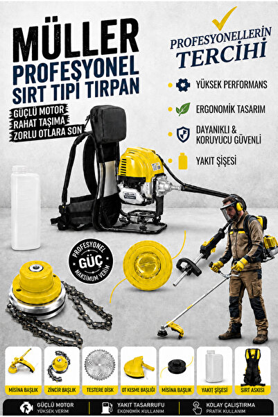 Pro Müller Alman Profesyonel Çelik Piston Sırt Tipi Benzinli Tırpan Ot Çalı Ç...