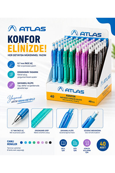 Atlas Konfor 0.7 mm Mekanik uçlu Kalem Ergonomik Tasarım (1 Adet) Paket