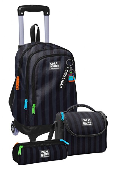 Coral High Trolley Wheeled Triple Primary School Bag Set Black Gray Stripe Pa...