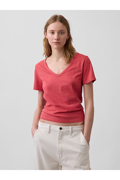 GAP Kadın Kırmızı Organik Pamuk VintageSoft V-Yaka T-Shirt