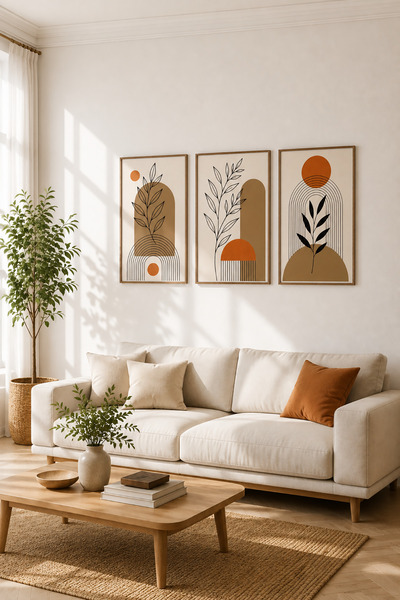 ARTI HOME 3’lü Ahşap Dekoratif Tablo Seti Bohem Minimalist – Yaprak Desenli M...