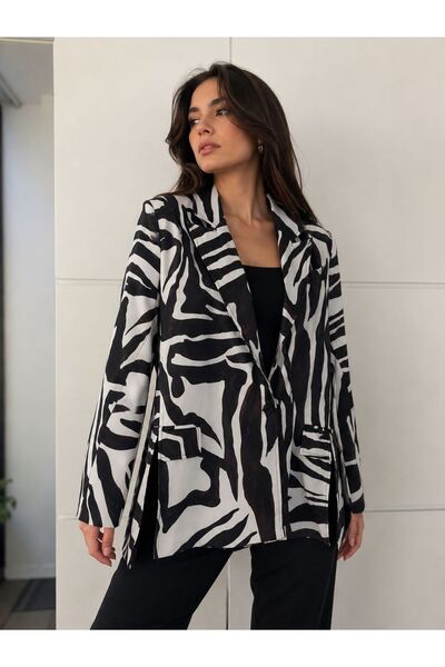 Olbia Women's Zebra Patterned Slit Detail Matte Satin Blazer Jacket