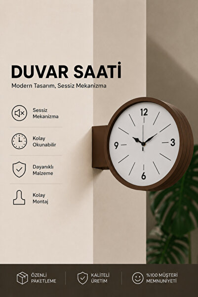 Tovo Craft Modern Yuvarlak Çift Taraflı Duvar Saati Sessiz Mekanizmalı Turunc...