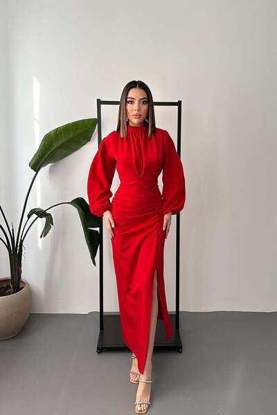 Caddebostan Moda Gathered Front Balloon Sleeve Slit Long Evening Dress