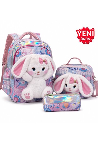 Alanç Gift Premium Kız Çocuk Peluş Tavşanlı İlkokul Sırt Çantası Termal Besle...