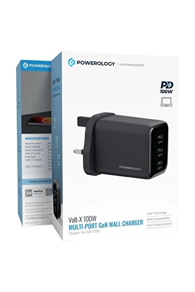 Powerology شاحن حائط متعدد المنافذ فولت-إكس 100 واط بتقنية جان، أسود اللون