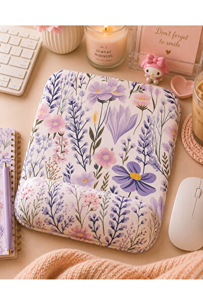 matizya Mor Çiçek Desenli Bilek Destekli Mousepad 19x23 cm Ergonomik Floral M...