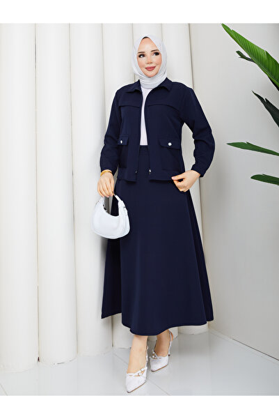 MİHRİZAR Women's Pocket Detailed Zippered Jacket and Skirt Islamic Clothing T...