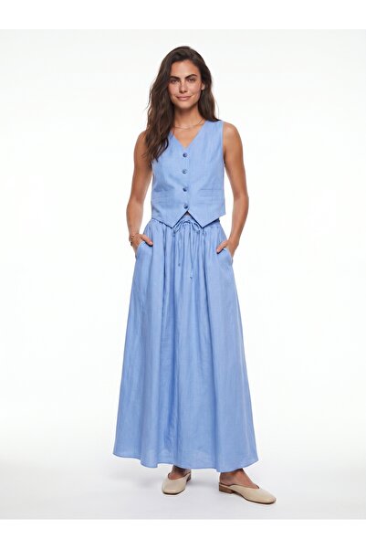 ONLOOX Sky Blue Blended Fabric V-Neck Flared Cut Pocket Detailed Vest and Ski...