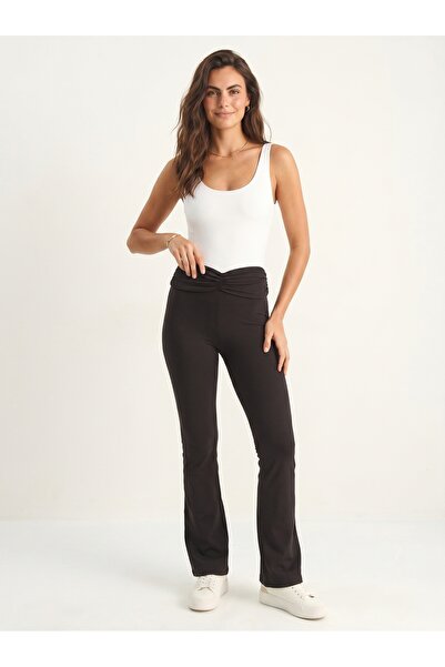 ONLOOX Black Stretchy Fabric High Waist Spanish Leggings with Gathering Detai...