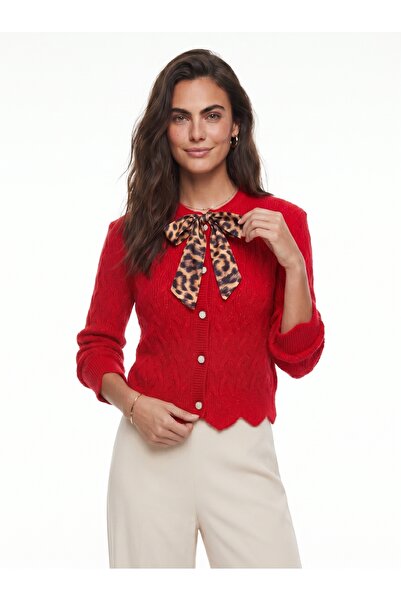 ONLOOX Red Hair Knit Textured Crew Neck Standard Fit Buttoned Knitwear Cardig...