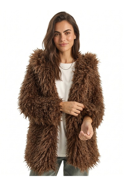 ONLOOX Brown Tibetan Fabric Hooded Lined Double Button Detailed Long Sleeve P...
